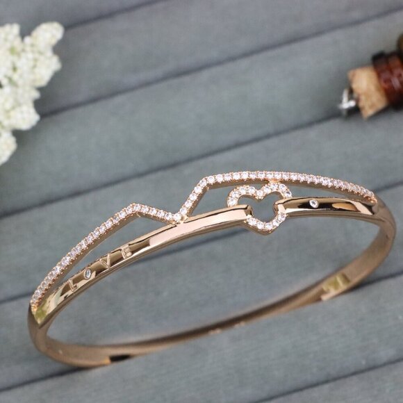 Love Engraved Rose Gold Bangle with Heart Detail, XPBL0593 - Picture 1 of 12